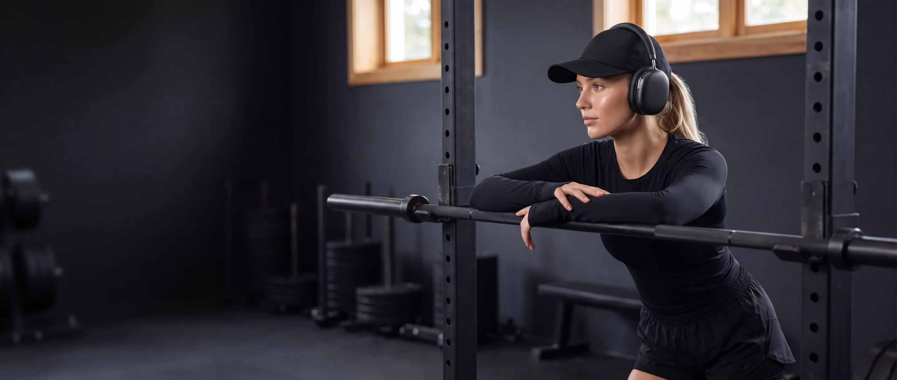 Une femme en tenue de sport noire, casquette et casque ZENO Ultra S01, accoudée à une barre dans une salle de sport sombre, la lumière d’une fenêtre sur le visage.